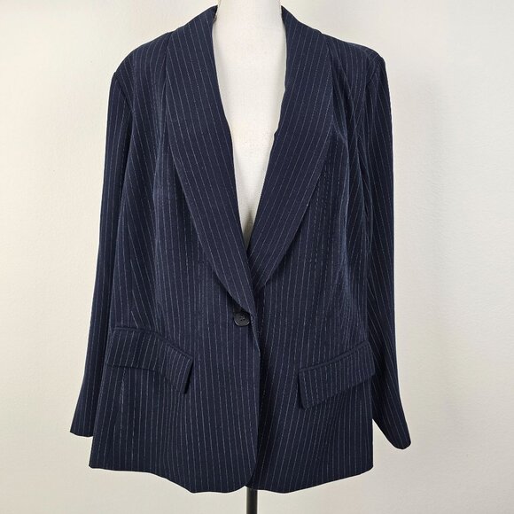 Lane Bryant Womens Jacket Blue White Pin Stripe Single Breasted Size 26 - Picture 1 of 16